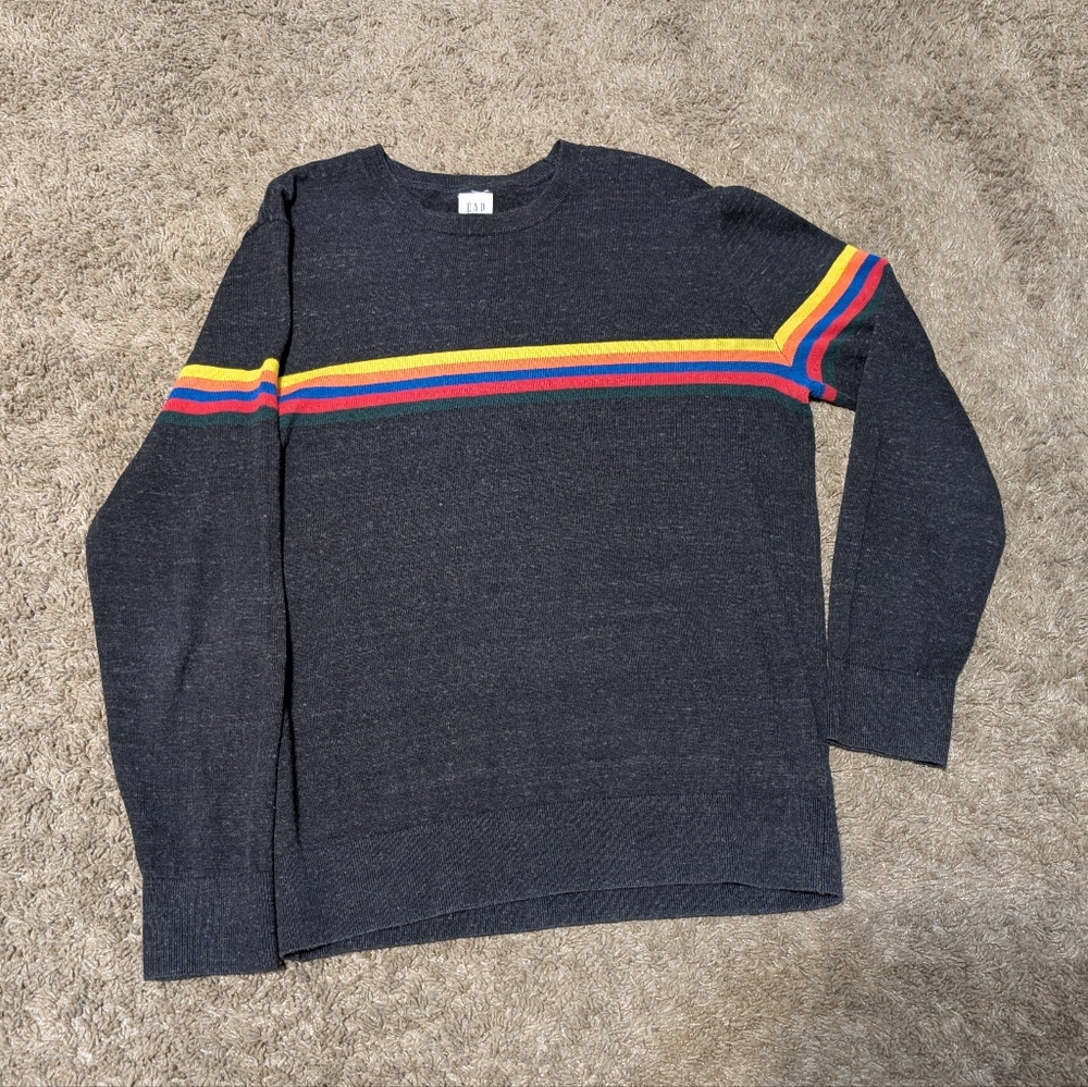 Gap Sweater Mens Medium Gray Wool Blend Crew Neck Pullover Striped